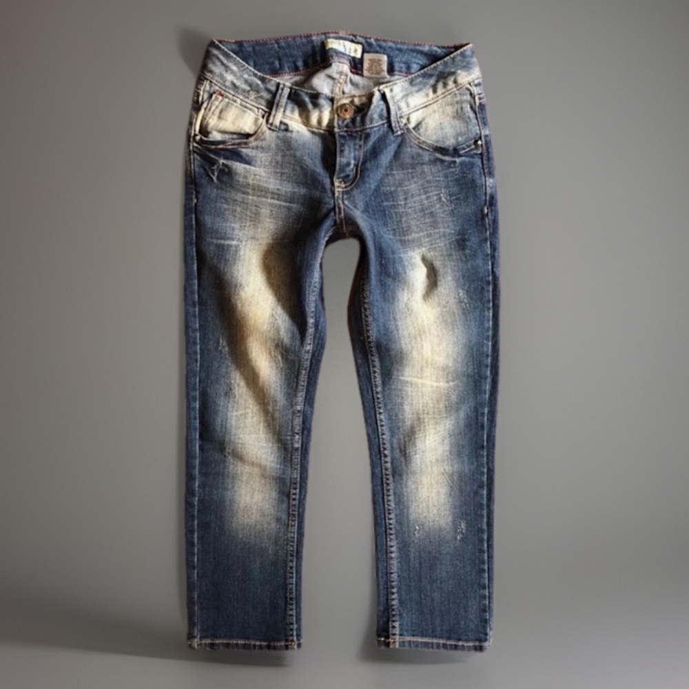 Paris Blues sz 5 W28 x 23L - 6.75" Rise Stretch Crop Capri Blue Denim Je…